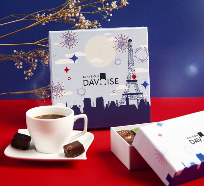 Paris's illustration with the Eiffel Tour, a coffee and a craft chocolates box